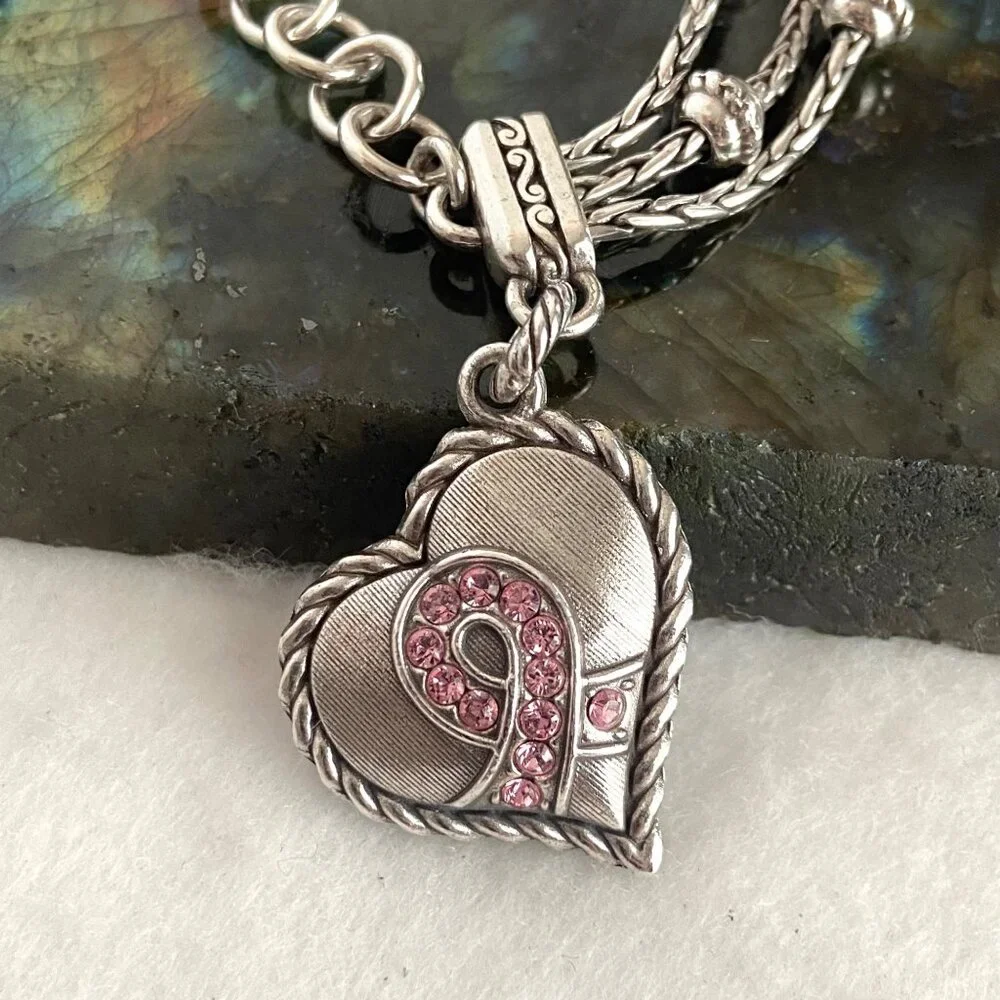 Brighton Power Of Pink Crystal Heart Charm 3 Strand Breast Cancer Bracelet